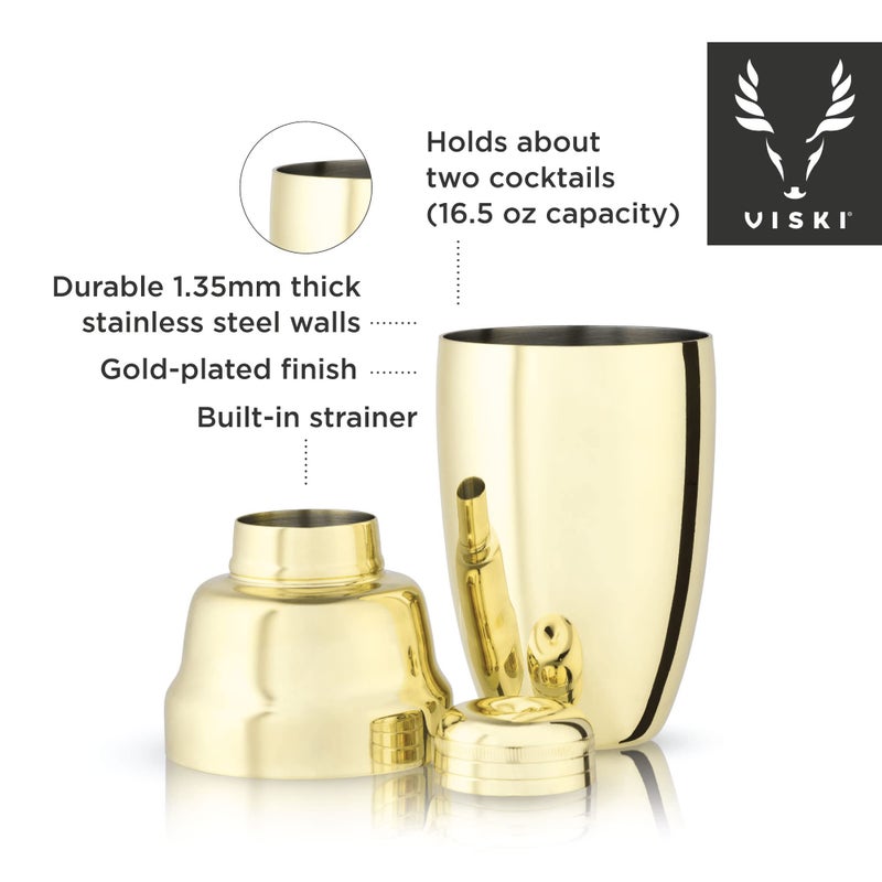Viski Gold Heavyweight Cocktail Shaker, Stainless Steel Drink Mixer, with Bar Strainer, Professional Shaker for Martini and Margarita, Gold Polished Finish, 16.5 oz - Image 2